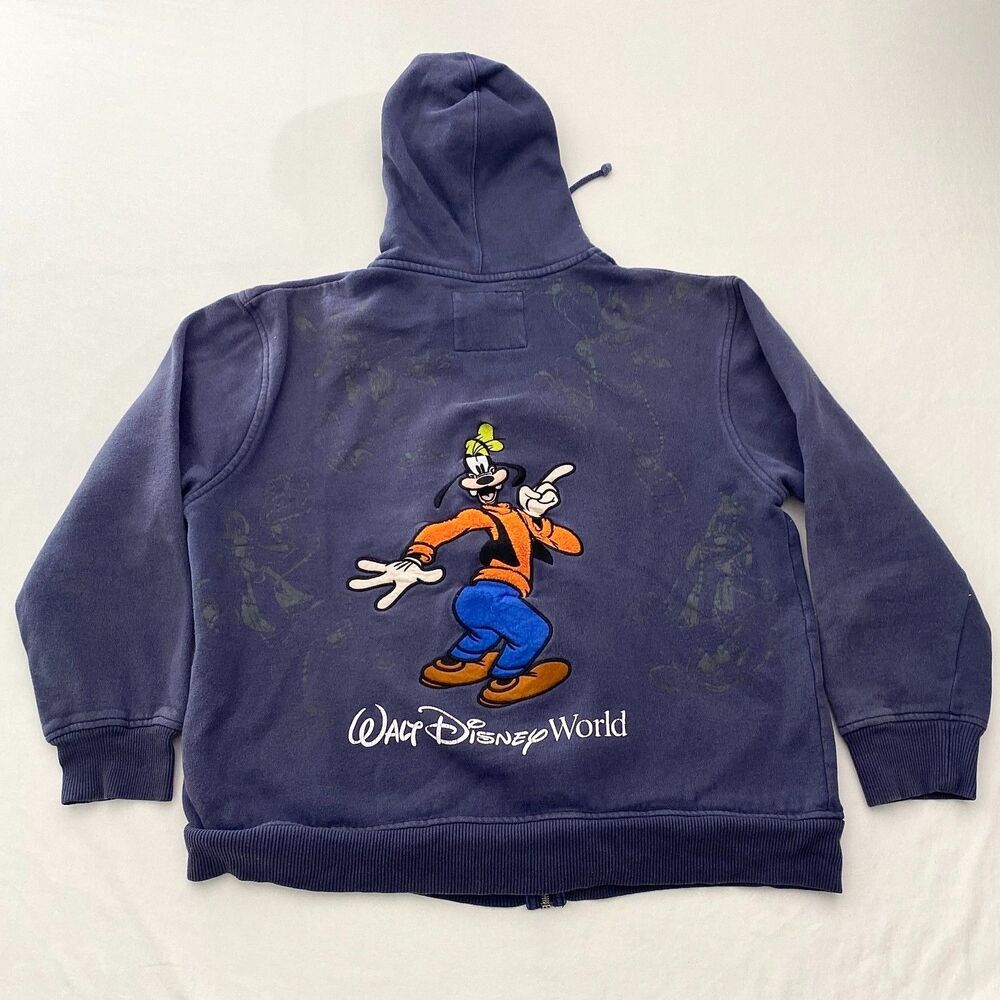 Disney Parks Goofy Hoodie Sweatshirt Mens Medium Blue Full Zip Double Sided